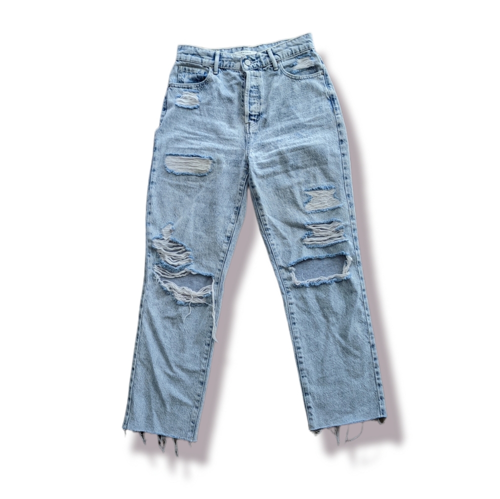 PacSun High Rise Straight Leg Light Washed Distressed Raw Hem Denim Button Fly